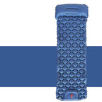 Blue inflatable camping mattress with built-in pillow and valve, isolated on blue and white background
