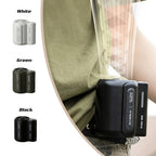 Portable black outdoor mini fan clipped on green shirt pocket with white and green fan color options