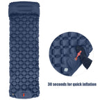 inflatable navy blue camping sleeping pad with built-in pillow and quick foot pump inflation