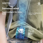 Outdoor waist fan clipped to belt with blue cooling airflow graphic and product benefits text