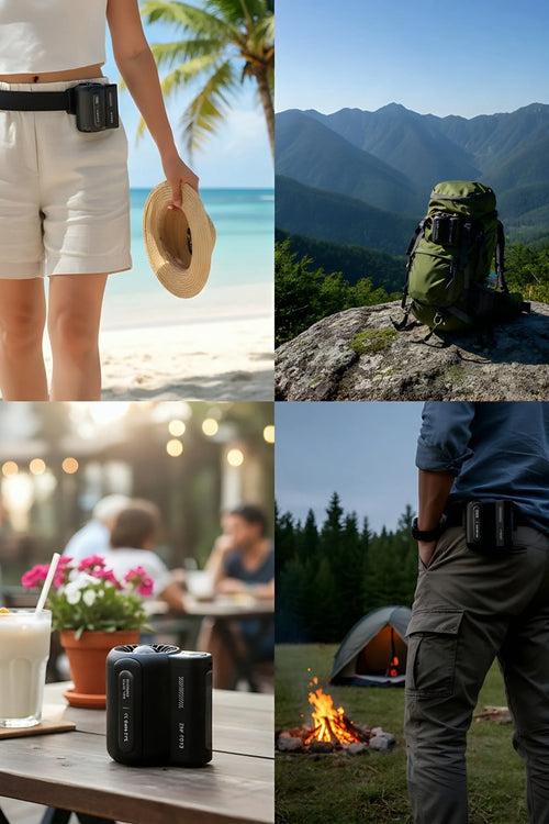 Collage of outdoor and leisure scenes: beach walk with hat, backpack on mountain rock, outdoor cafe with binoculars, camping with fire and tent