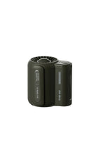Compact olive green outdoor waist fan with turbine-style blades and control button