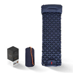 Dark blue inflatable camping sleeping pad with built-in pillow and carrying bag