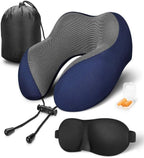 blue and gray travel neck pillow with black eye mask, orange earplugs in case, and black carrying pouch