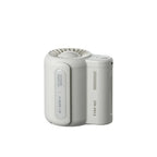 Compact white outdoor waist fan with spherical blades and USB charging port